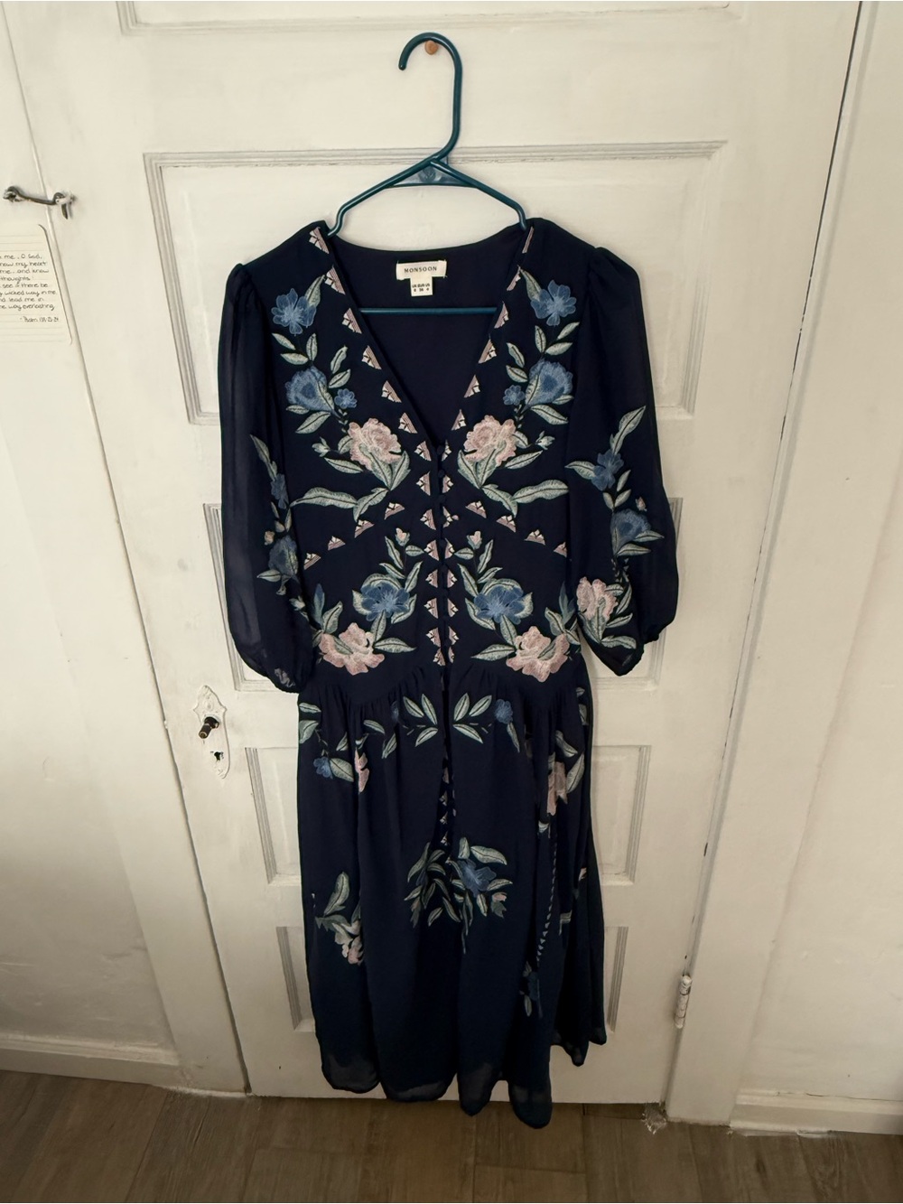 Monsoon Navy Midi Dress with Pink & Blue Floral Embroidery
